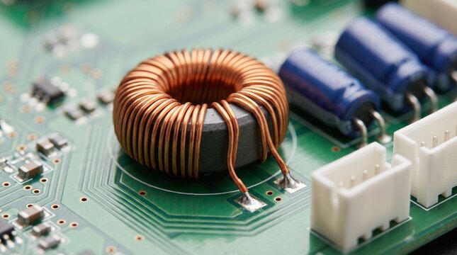 Copper inductor coil regulates electrical current on a green technology motherboard.