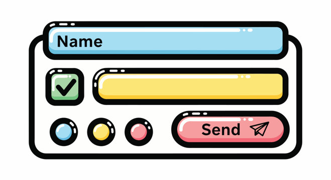 Online form interface illustration with name field, checkboxes, color options, send button, digital submission, registration, and web application