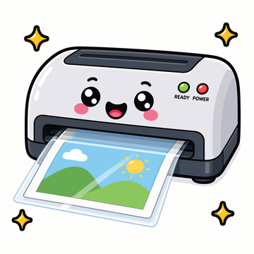 Cute desktop printer with a printed landscape image, smiling face, power indicator, and clean modern design for office, home, technology, and printing