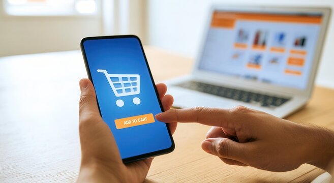 Online shopping mobile application with cart icon for electronic commerce platforms.