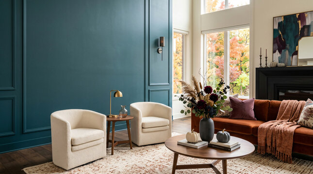 Modern living room interior with autumn decor and teal accent wall. Cozy home staging for the fall season.