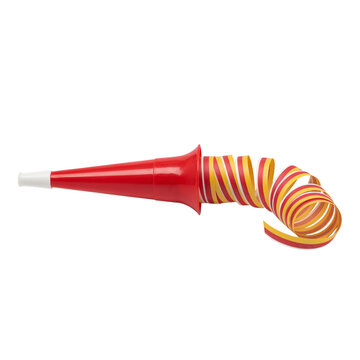 Party horn blower with a coiled paper streamer