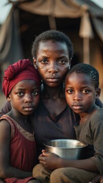 African mother with two children holding metal bowl outdoors in front of tent, close up shot