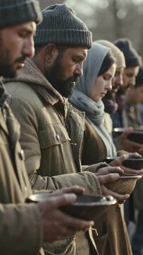 Diverse group of people holding empty bowls in a line outdoors in winter, medium shot