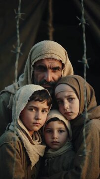 Middle Eastern man and children wearing headscarves behind barbed wire fence in refugee camp setting