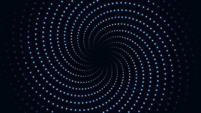 Abstract digital background with glowing blue dots forming a swirling vortex pattern.