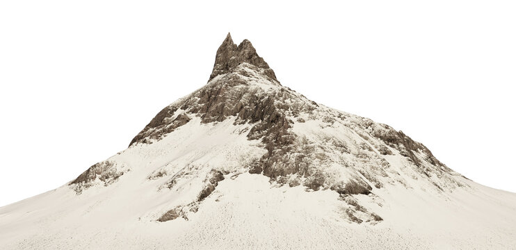 Snow Covered Rocky Mountain Peak Isolated On White Background 3D Rendering Cutout