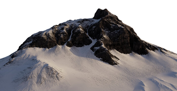 Snow Covered Mountain Peak Isolated Cutout 3D Rendering With Dramatic Light And Rocky Cliffs