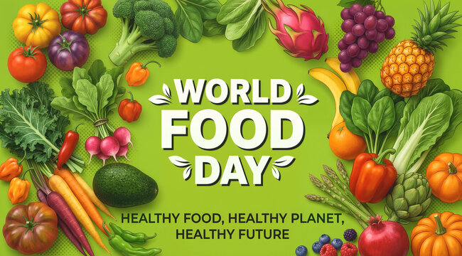 World food day background with assortment of fresh organic fruits and vegetables surrounding text green background dragon fruit leafy greens