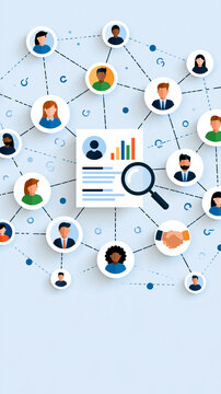 Human resources hr management recruitment and employment concept flat illustration of a network of people icons connected around a central profile card with data charts a magnifier and
