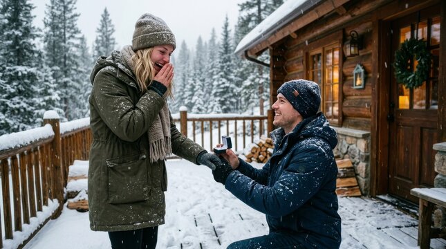 A man proposes to his excited girlfriend on a snowy winter cabin porch deck.