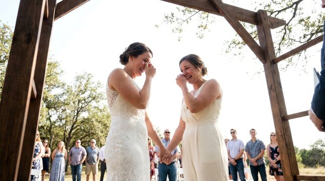 Two happy brides hold hands and cry tears of joy at their wedding ceremony.