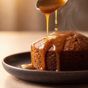 Sticky toffee pudding cake drizzled with warm caramel sauce