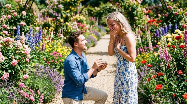 A happy young man proposes to his beautiful girlfriend in a summer flower garden.