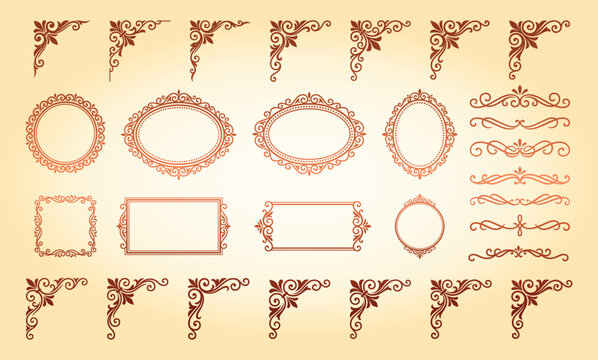 Elegant brown ornamental frames and corner dividers collection for wedding stationery