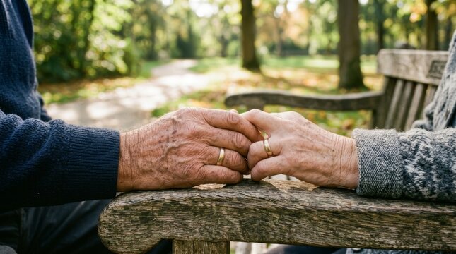 An elderly couple holds hands while sitting on a wooden bench in the park.