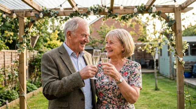 A happy senior couple smiles while toasting each other with champagne in the garden.