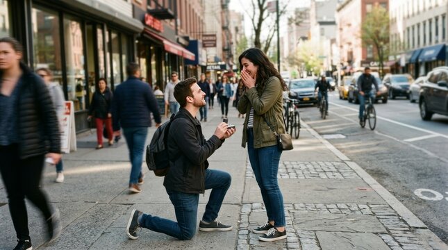 A young man kneels on the sidewalk to propose to his happy girlfriend outdoors.