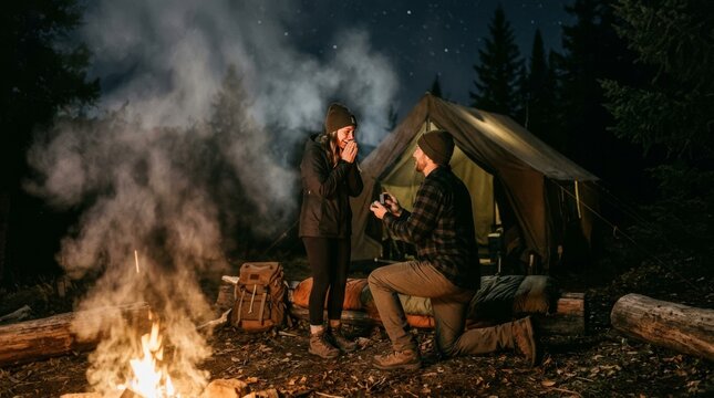 A man proposes to his girlfriend near a campfire outside their camping tent tonight.