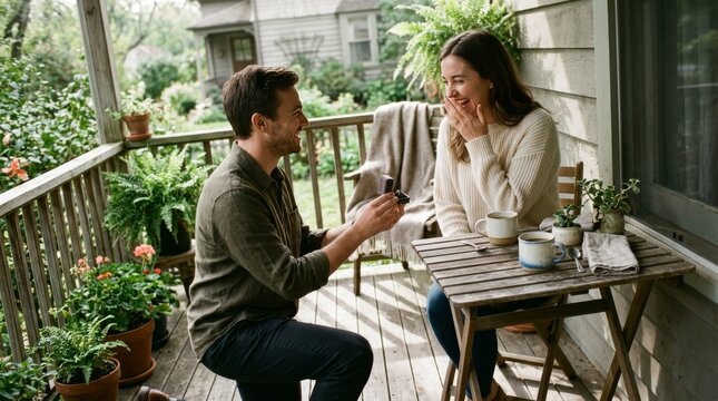 A man kneels on a balcony to propose to his surprised girlfriend with ring.
