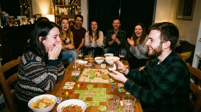 A young man proposes to his girlfriend while friends cheer during a board game.
