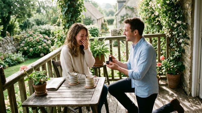 A happy man kneels and proposes to his girlfriend on a wooden patio deck.