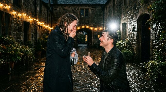 A man kneels on the wet ground to propose to his happy girlfriend outside.