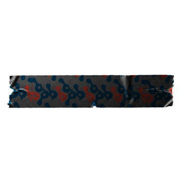 A single strip of dark patterned adhesive tape with torn edges isolated on a white background, featuring a repeating abstract shape design in blue and red.