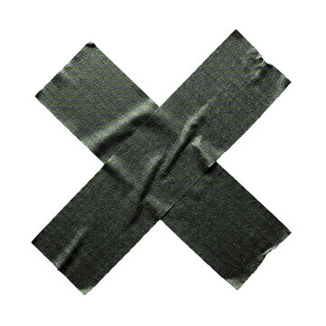 Cross shape made of grey duct tape isolated on white background, realistic industrial adhesive tape strips forming an X mark for design elements and texture overlays