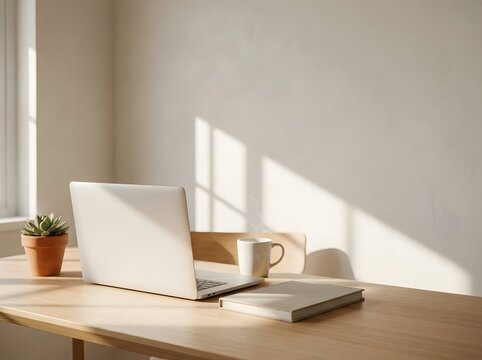 A minimalist home office workspace with a laptop, a notebook, and a coffee mug on a wooden desk near a sunlit window