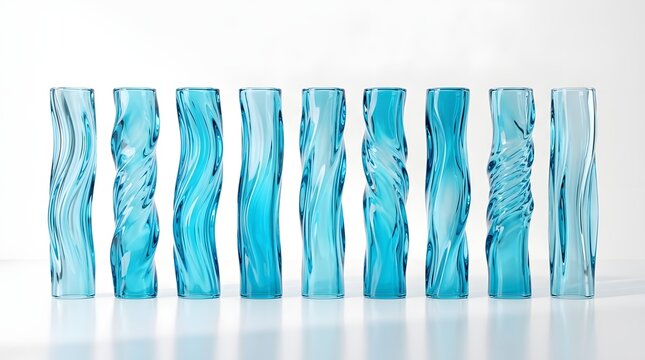 A row of nine unique, translucent blue glass vases with wavy, twisted, and textured designs, isolated on white background