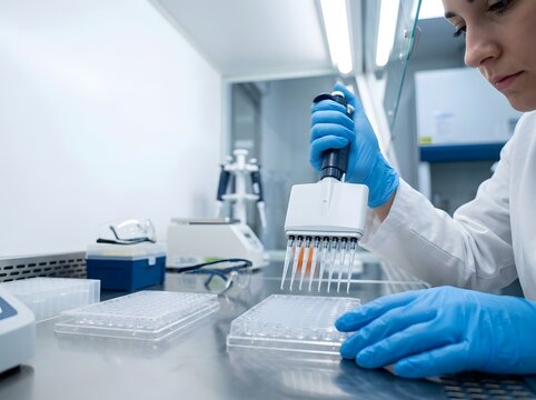 Scientist using a multichannel pipette to transfer liquid samples into a microplate in a modern laboratory setting