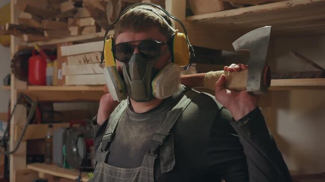 Man wears safety equipment including ear protection goggles and respirator mask while standing still. Man holds axe over his shoulder in what appears to be woodworking shop filled with tools