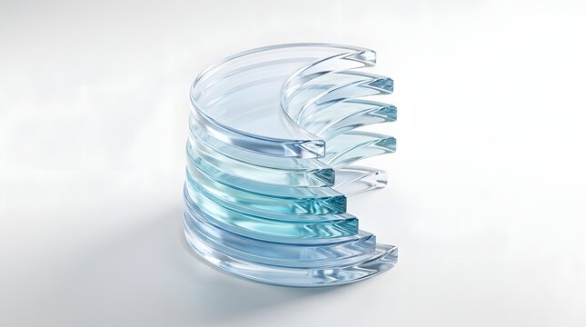 Abstract stack of transparent glass crescent shapes isolated on white background