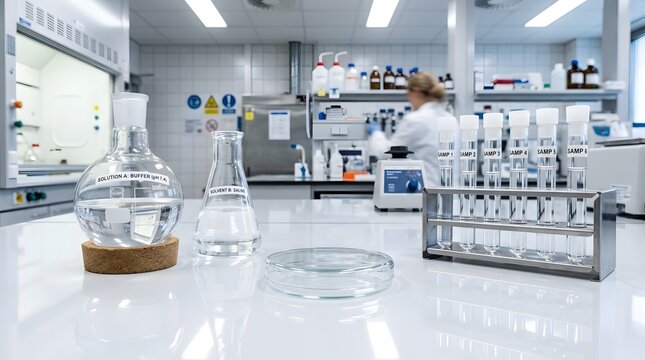 Laboratory workbench with glassware, test tubes, and researcher in background