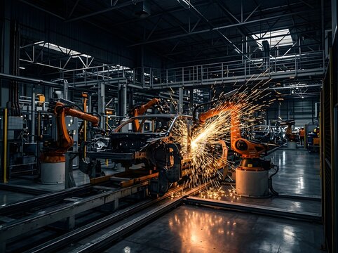 Automated robotic arms welding a car chassis on a modern automotive assembly line in a hightech industrial manufacturing factory