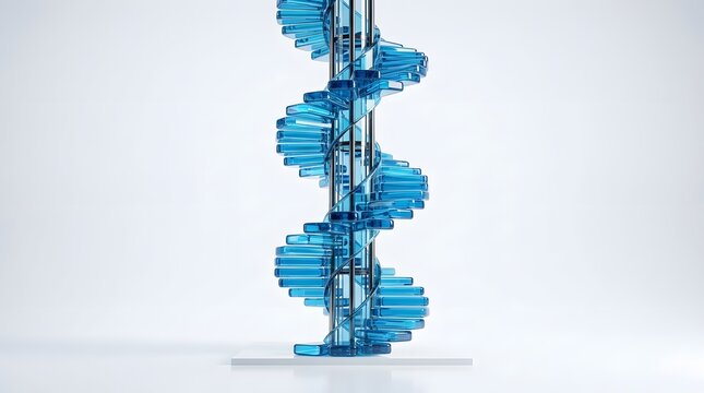 Modern spiral staircase made of blue glass isolated on white background