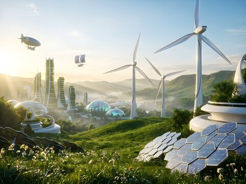 Futuristic ecofriendly city with wind turbines, solar panels, and flying vehicles in a lush green landscape at sunrise