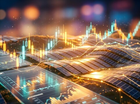 Abstract digital visualization of financial stock market candlestick charts overlaid on a futuristic solar panel energy field landscape