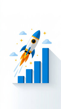 Business startup and growth concept flat illustration of a rocket launching upward beside a progress bar chart with rising bars small clouds and stars around the rocket clean light