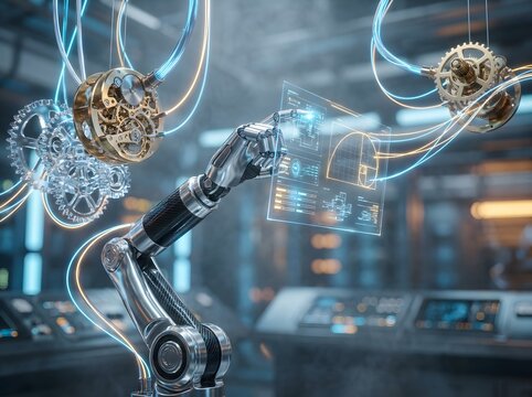 Robotic arm interacting with a digital holographic interface displaying mechanical schematics and golden ratio in a hightech laboratory