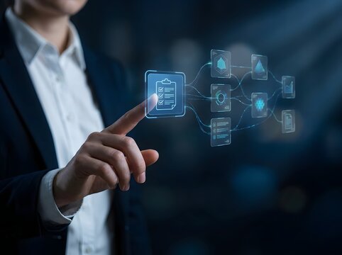 A business professional interacting with a digital interface showing a checklist and various data icons, representing project management and analysis