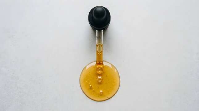 A glass dropper with a black cap resting on a white surface with a pool of amber liquid, isolated on white background