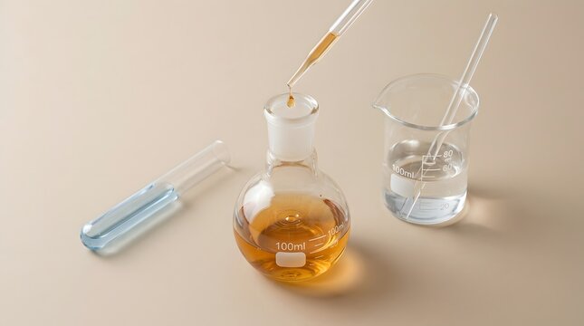 Laboratory glassware with amber liquid, a pipette dripping into a roundbottom flask, a beaker, and a test tube on a neutral background