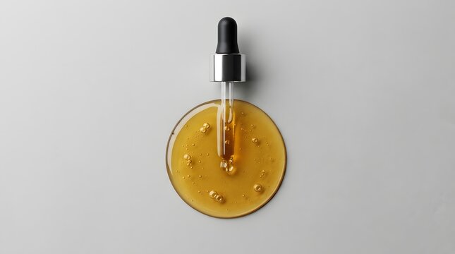 Dropper with golden cosmetic oil serum isolated on white background