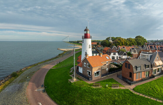 Aerial View of Urk Lighthouse and Historic Harbor Town