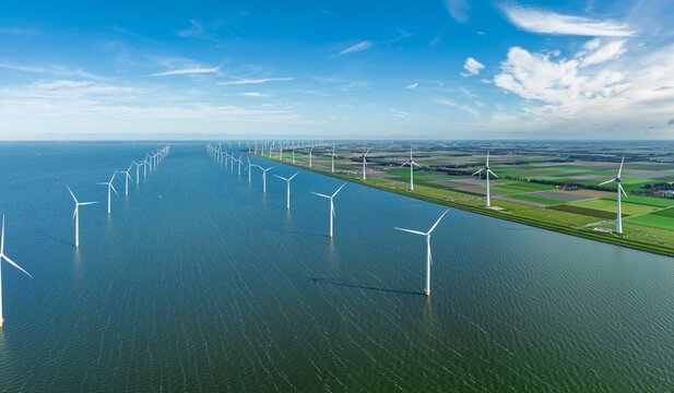 Aerial View of Windpark Noordoostpolder Wind Turbines in the IJsselmeer
