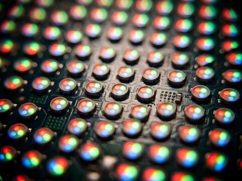 Close up of a high tech led circuit board with glowing red green and blue light emitting diodes