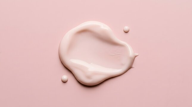 Top view of a smear of pink cosmetic cream on a soft pink background, representing skincare, beauty, and cosmetic product texture