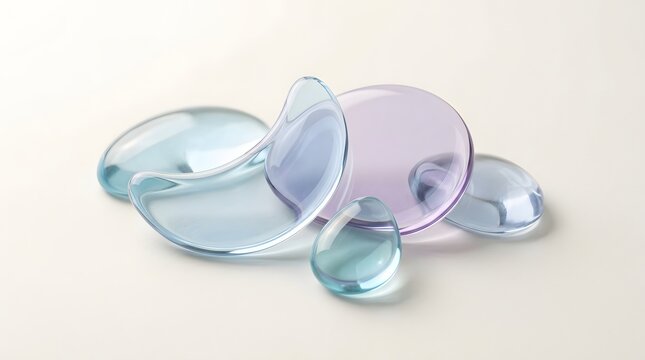 Abstract composition of smooth, translucent glass shapes in blue and purple hues, arranged artistically on a neutral background